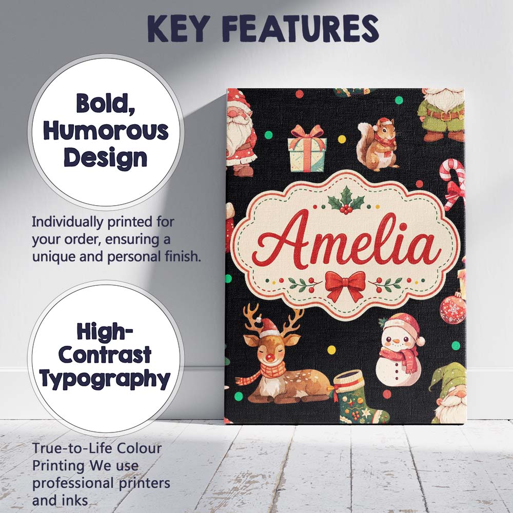 Personalised Name Cute Christmas Gnome Custom Modern Room Accent Elegant Feature Canvas Wall Art Print Decor Picture Ready to Hang