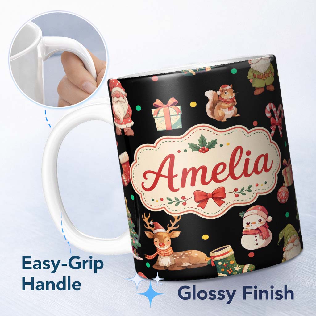 Personalized Custom Name Cute Christmas Gnome Reindeer Snowman Gift Black Background 11oz Ceramic Coffee Tea Mug White Large Handle