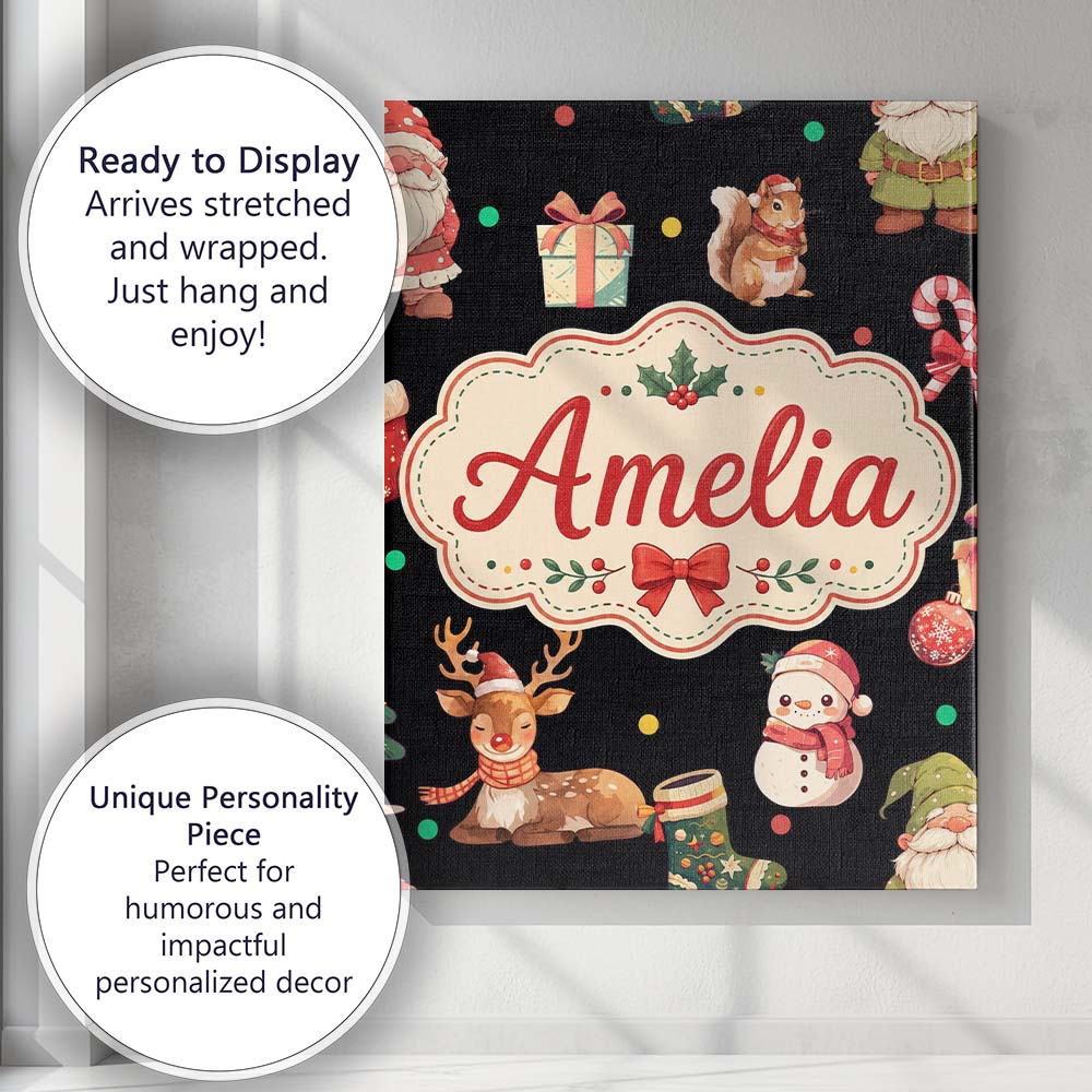 Personalised Name Cute Christmas Gnome Custom Modern Room Accent Elegant Feature Canvas Wall Art Print Decor Picture Ready to Hang