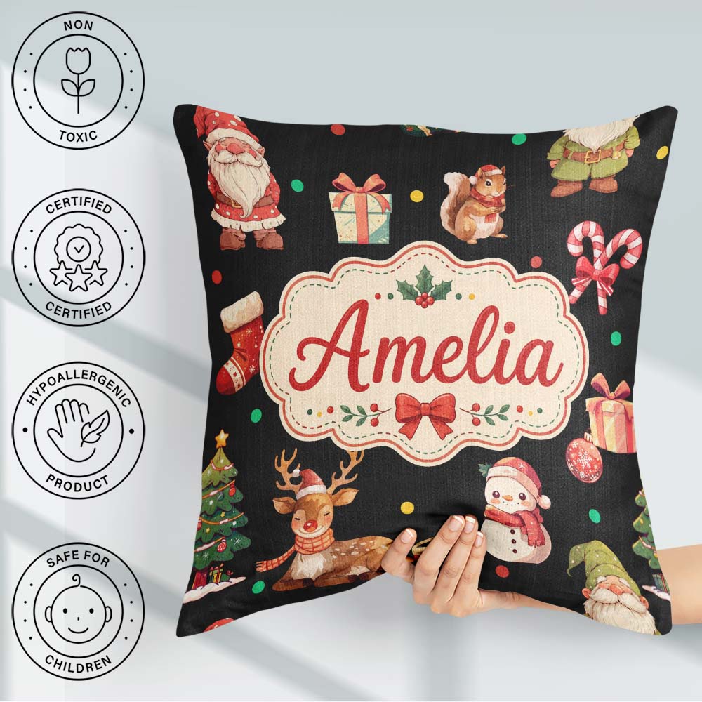 Custom Name Christmas Gnome Reindeer Snowman Black Background Square Filled Cushion Throw Pillow Sofa Bed Home Decor Zip Washable UK Made