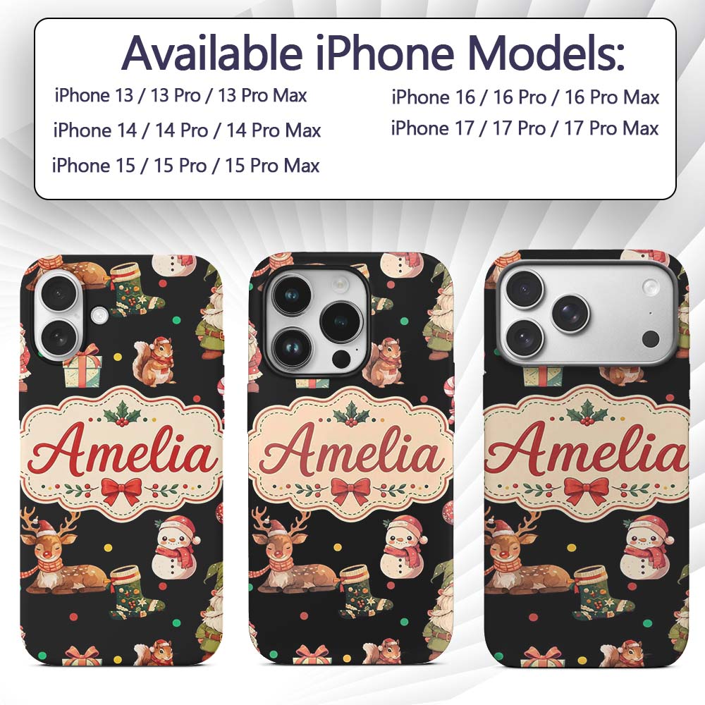 Cute Christmas Gnome Reindeer Snowman Gift Black Custom Name Protective Phone Case Mobile Cover Durable Everyday Smartphone Shock Resistant