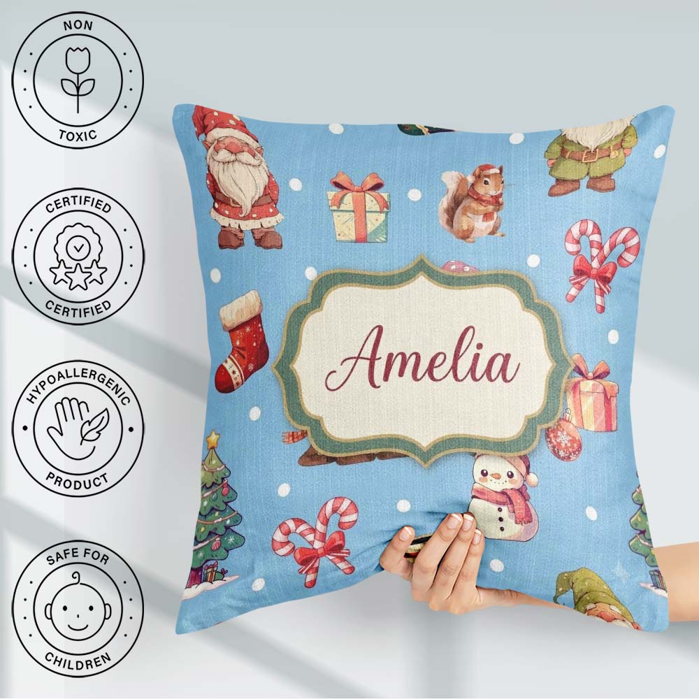 Custom Name Cute Gnome Reindeer Snowman Blue Background Seamless Square Filled Cushion Throw Pillow Sofa Bed Home Decor Zip Washable UK Made