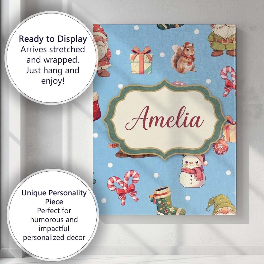 Personalised Name Cute Christmas Gnome Custom Modern Room Accent Elegant Feature Canvas Wall Art Print Decor Picture Ready to Hang
