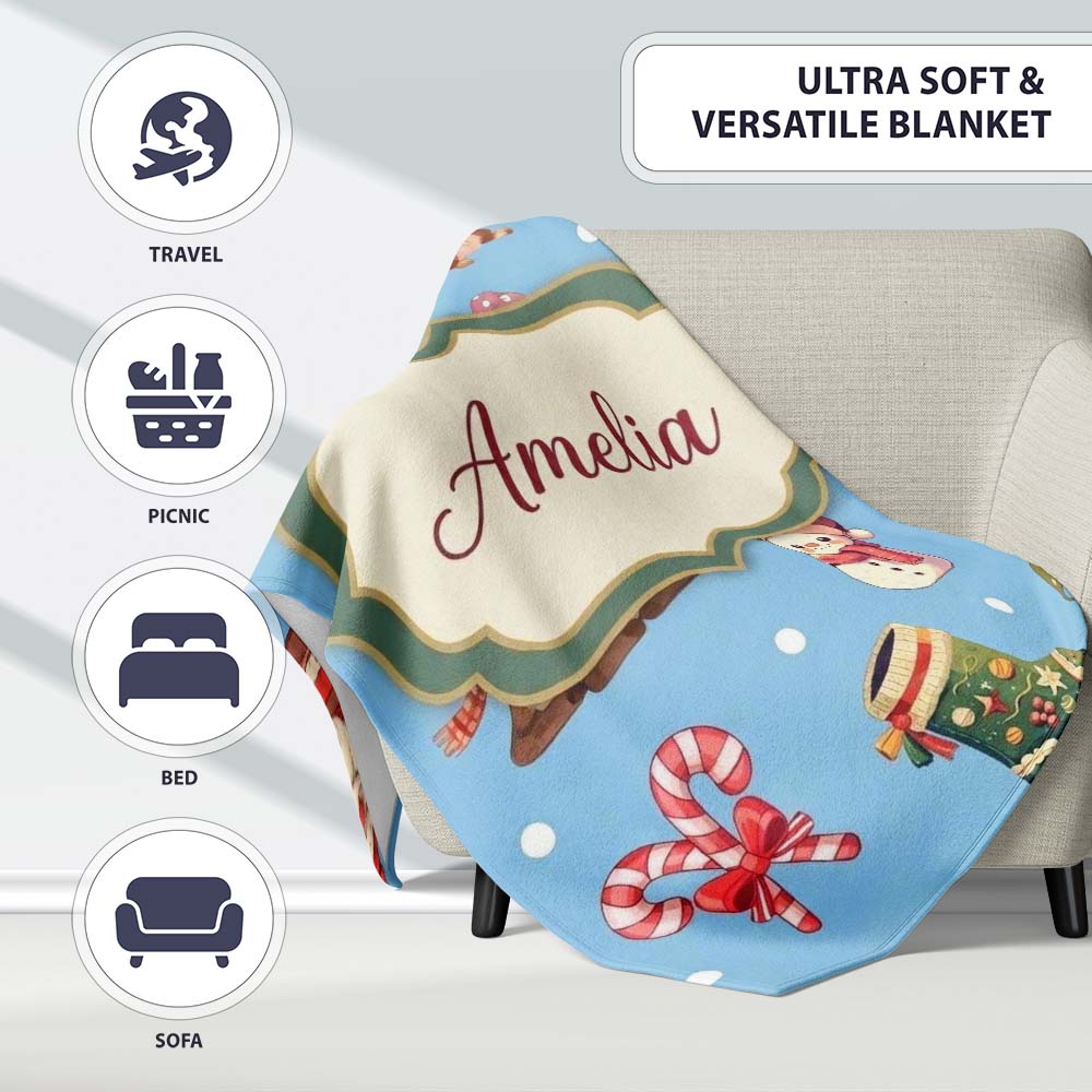 Cute Christmas Gnome Reindeer Snowman Gift Blue Background Seamless Personalised Custom Name Super Soft Fleece Blanket Bed Sofa Throw