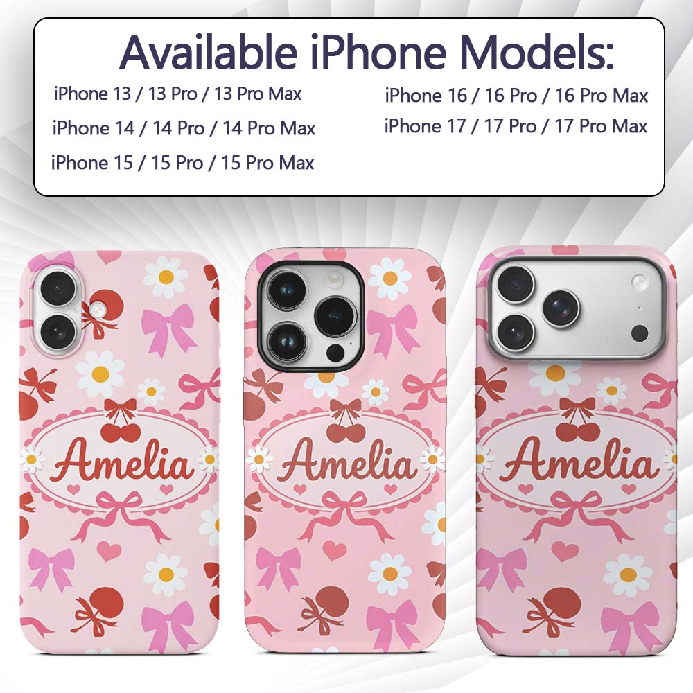 Cute Cherry Bow Daisy Heart Seamless Pattern on Custom Name Protective Phone Case Mobile Cover Durable Everyday Smartphone Shock Resistant
