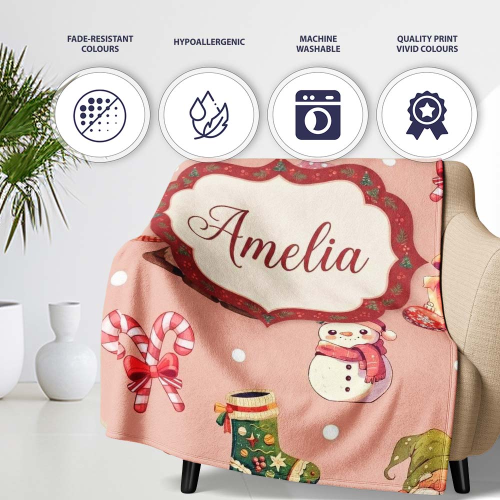 Cute Christmas Gnome Reindeer Snowman Gift Peach Background Personalised Custom Name Super Soft Fleece Blanket Bed Sofa Throw
