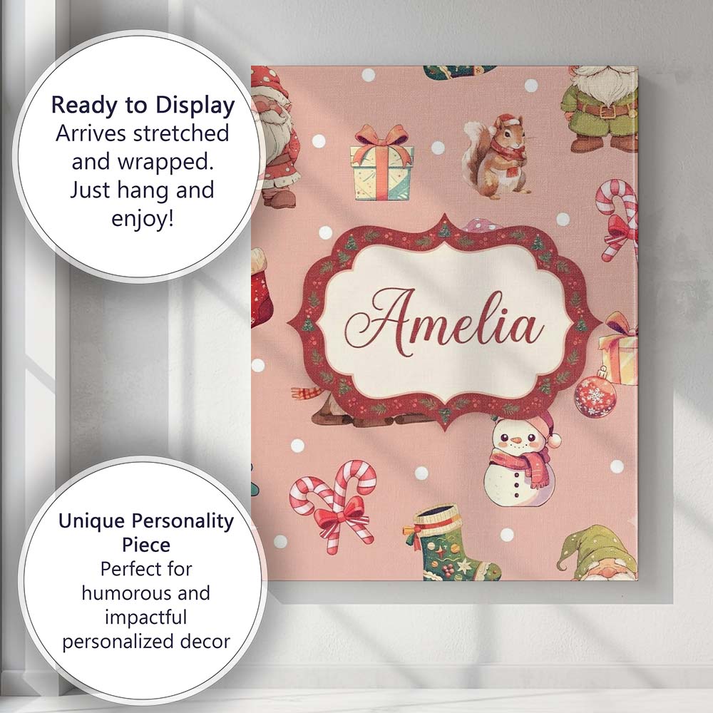 Personalised Name Cute Christmas Gnome Custom Modern Room Accent Elegant Feature Canvas Wall Art Print Decor Picture Ready to Hang