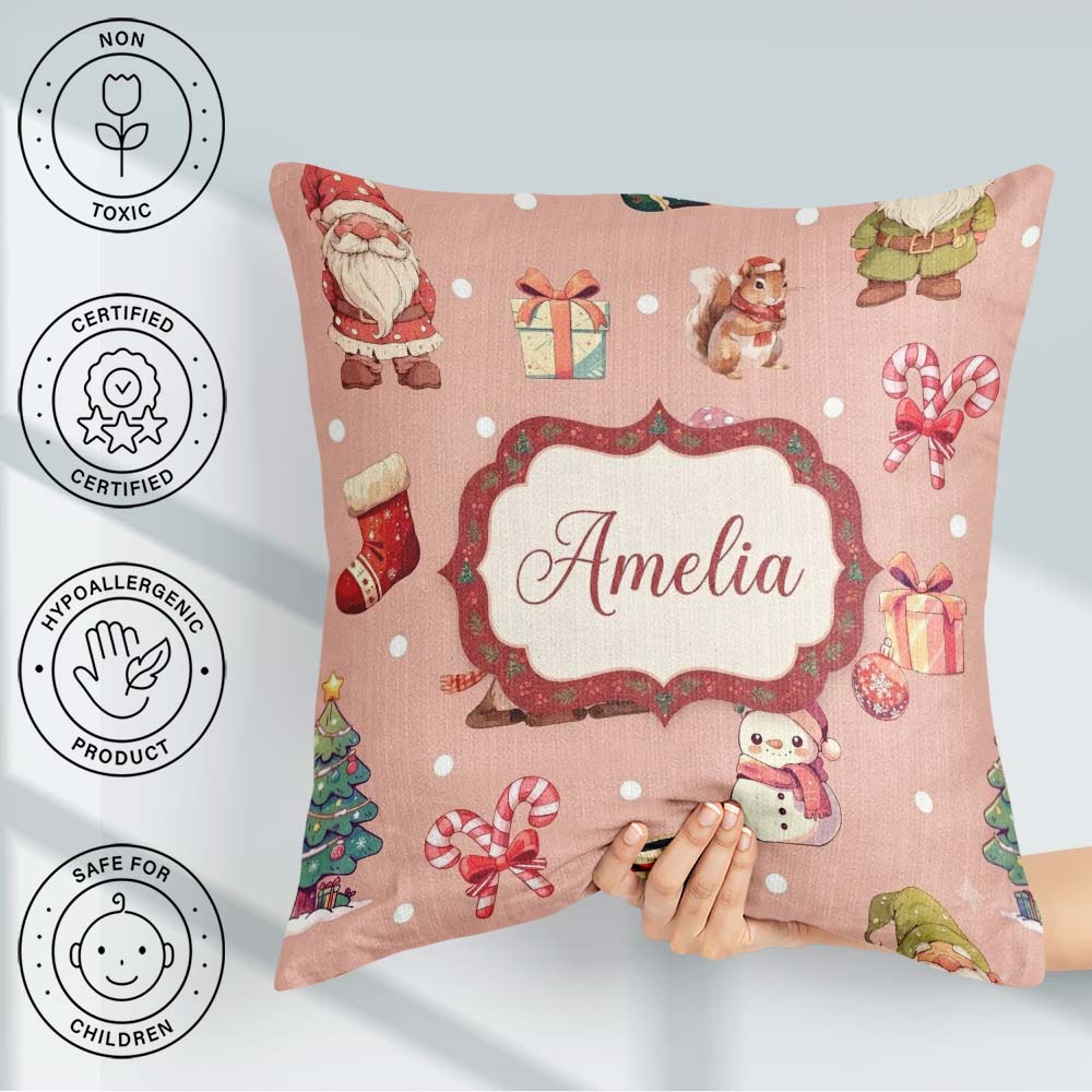 Custom Name Christmas Gnome Reindeer Snowman Peach Background Square Filled Cushion Throw Pillow Sofa Bed Home Decor Zip Washable UK Made