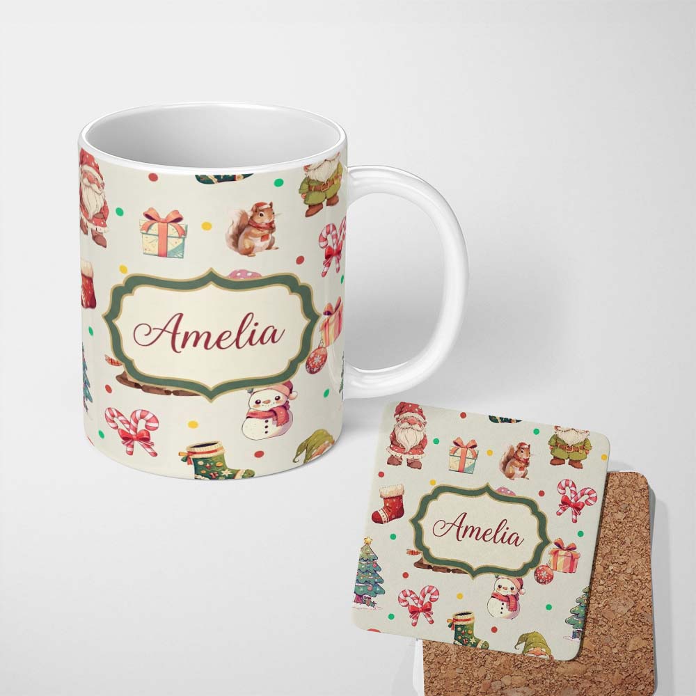 Personalized Custom Name Cute Christmas Gnome Reindeer Snowman Gift Cream Background 11oz Ceramic Coffee Tea Mug White Large Handle