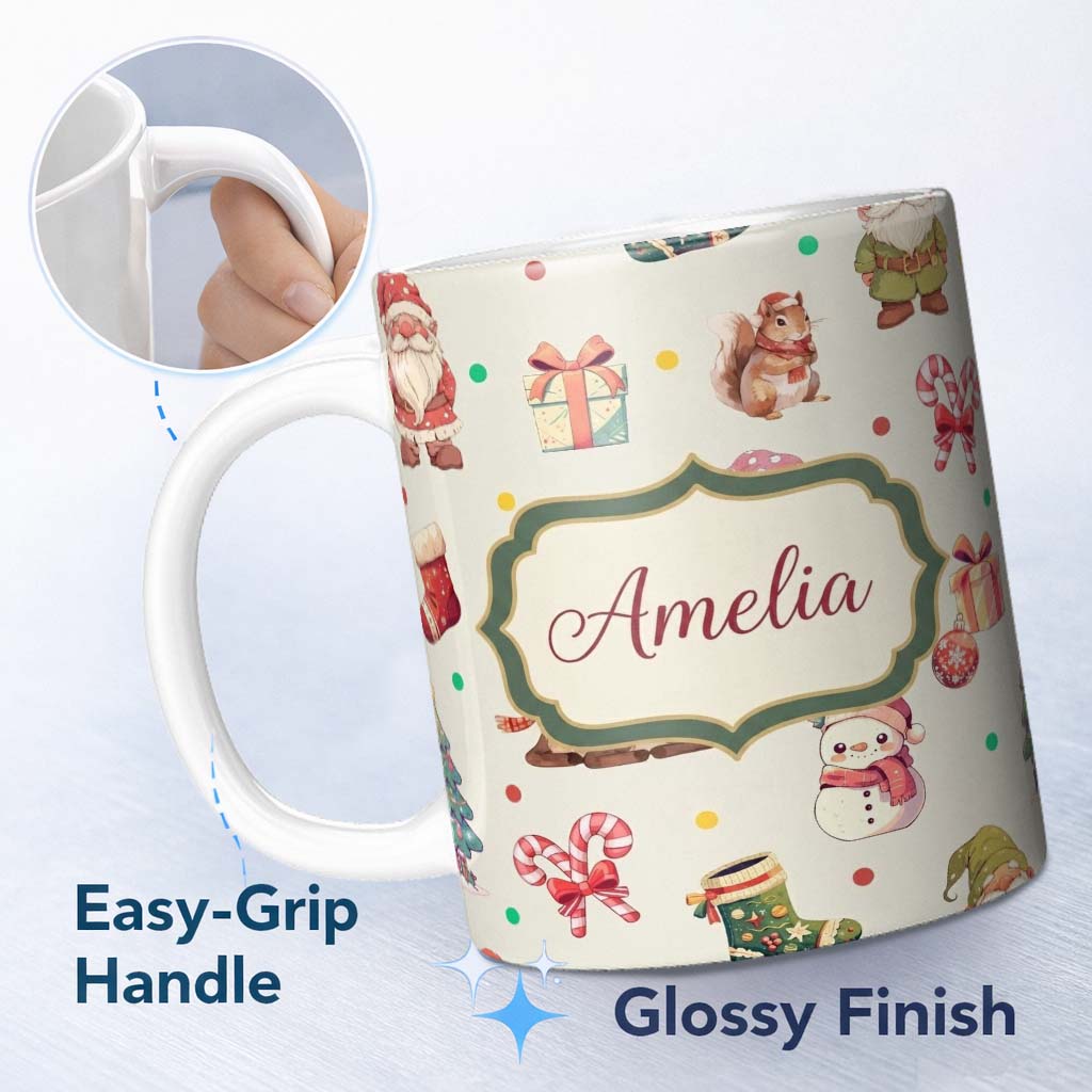 Personalized Custom Name Cute Christmas Gnome Reindeer Snowman Gift Cream Background 11oz Ceramic Coffee Tea Mug White Large Handle