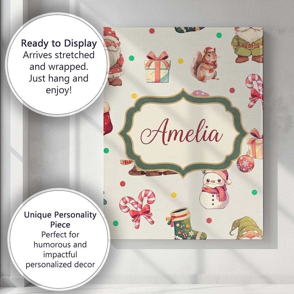 Personalised Name Cute Christmas Gnome Custom Modern Room Accent Elegant Feature Canvas Wall Art Print Decor Picture Ready to Hang