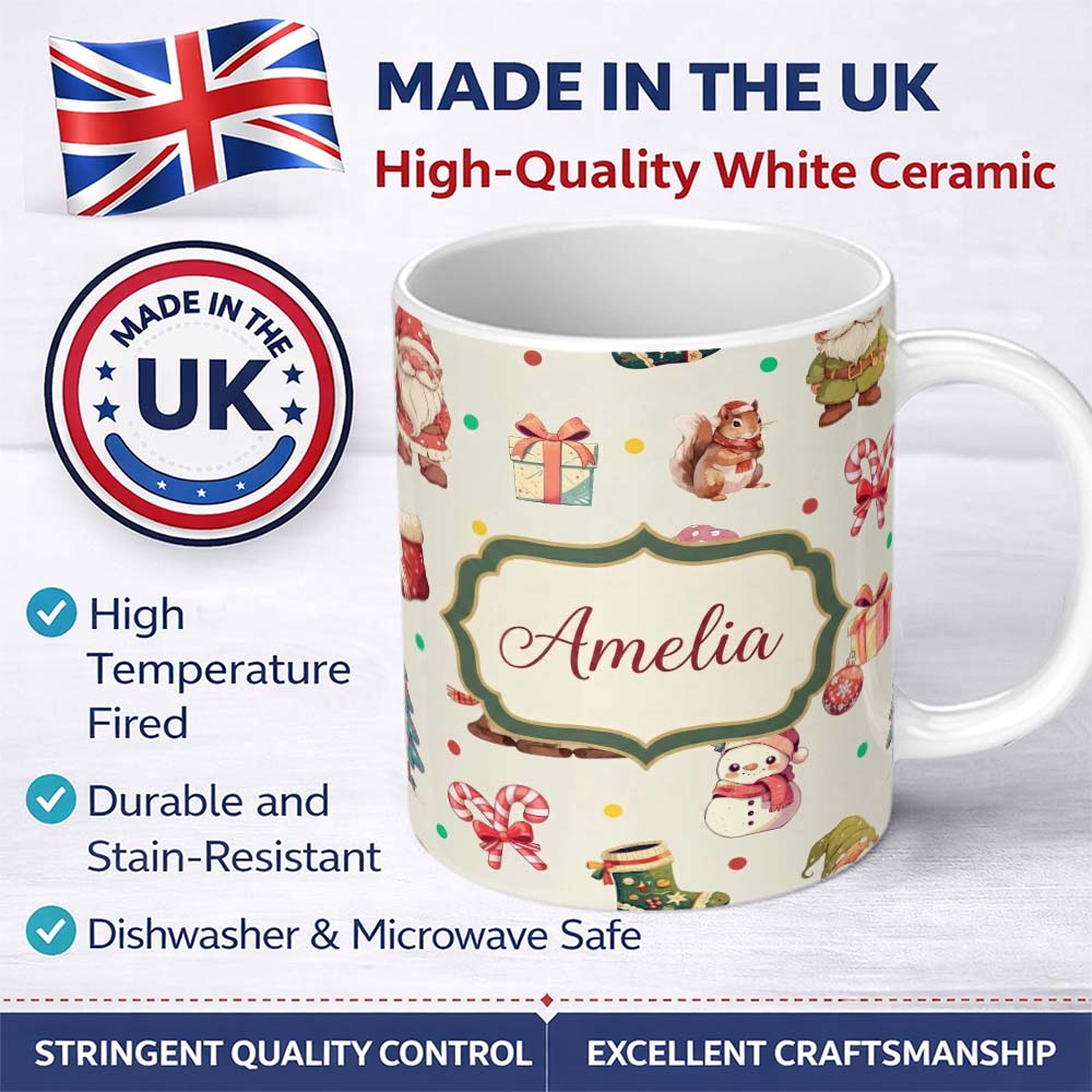 Personalized Custom Name Cute Christmas Gnome Reindeer Snowman Gift Cream Background 11oz Ceramic Coffee Tea Mug White Large Handle