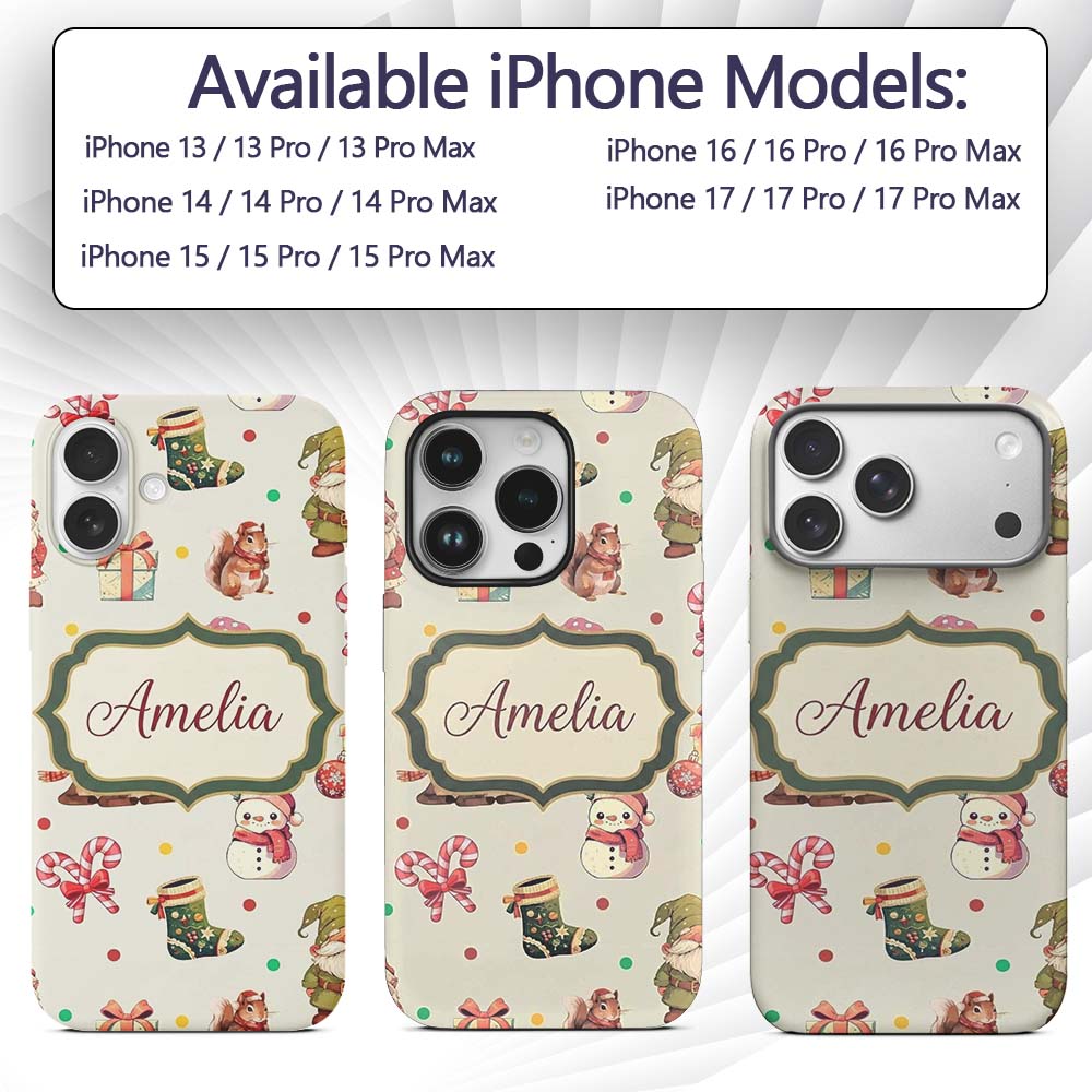 Cute Christmas Gnome Reindeer Snowman Gift Cream Custom Name Protective Phone Case Mobile Cover Durable Everyday Smartphone Shock Resistant