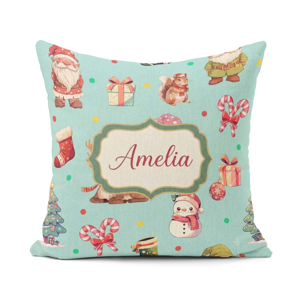 Custom Name Cute Gnome Reindeer Snowman Teal Background Seamless Square Filled Cushion Throw Pillow Sofa Bed Home Decor Zip Washable UK Made