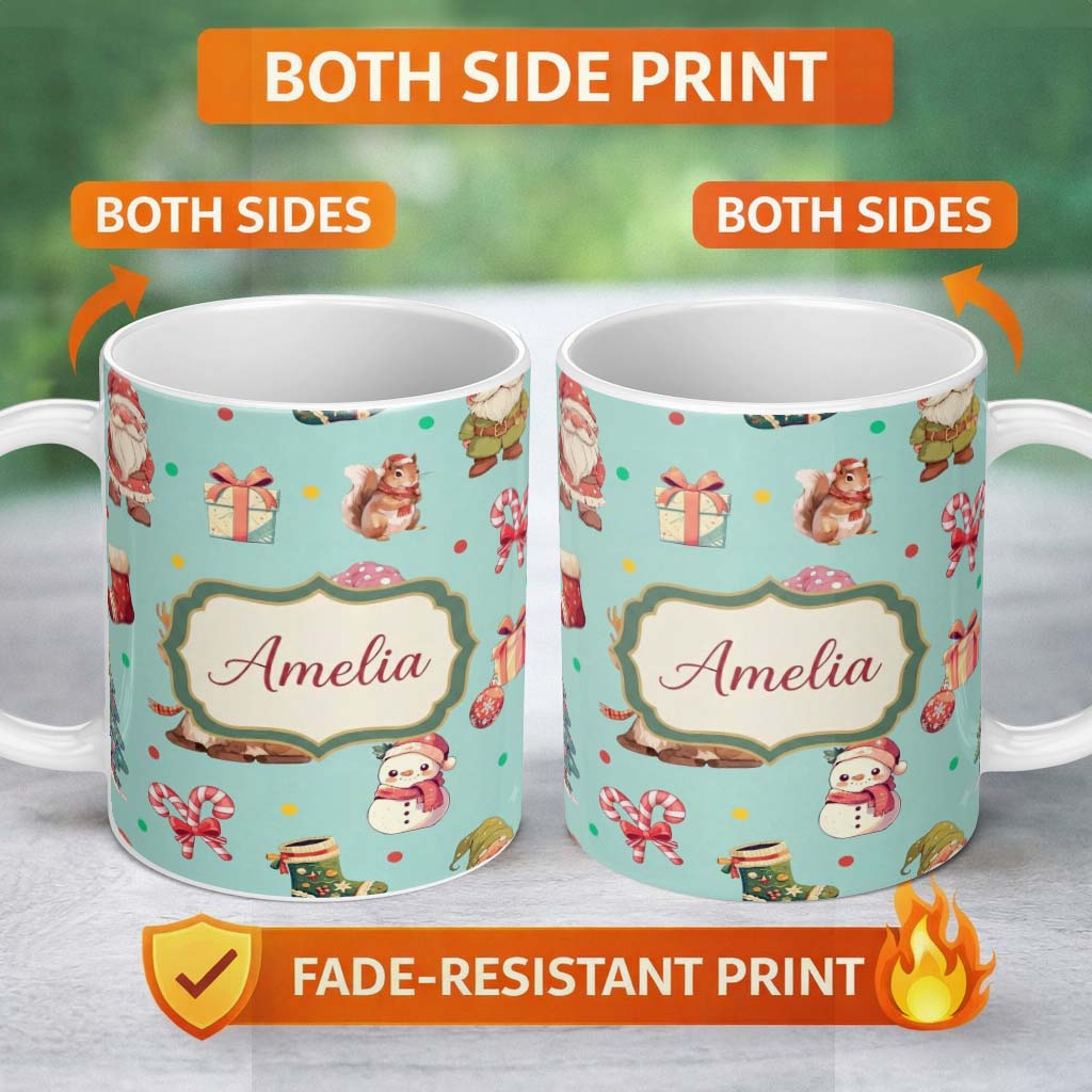 Personalized Custom Name Cute Christmas Gnome Reindeer Snowman Gift Teal Background Seamless 11oz Ceramic Coffee Tea Mug White Large Handle