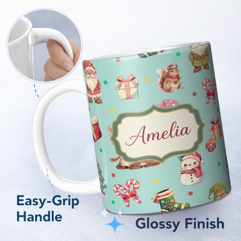 Personalized Custom Name Cute Christmas Gnome Reindeer Snowman Gift Teal Background Seamless 11oz Ceramic Coffee Tea Mug White Large Handle