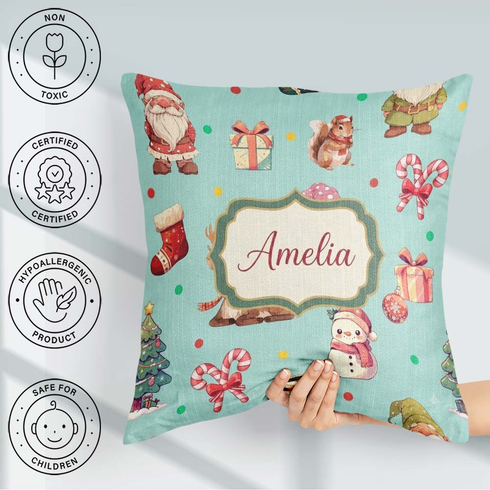 Custom Name Cute Gnome Reindeer Snowman Teal Background Seamless Square Filled Cushion Throw Pillow Sofa Bed Home Decor Zip Washable UK Made