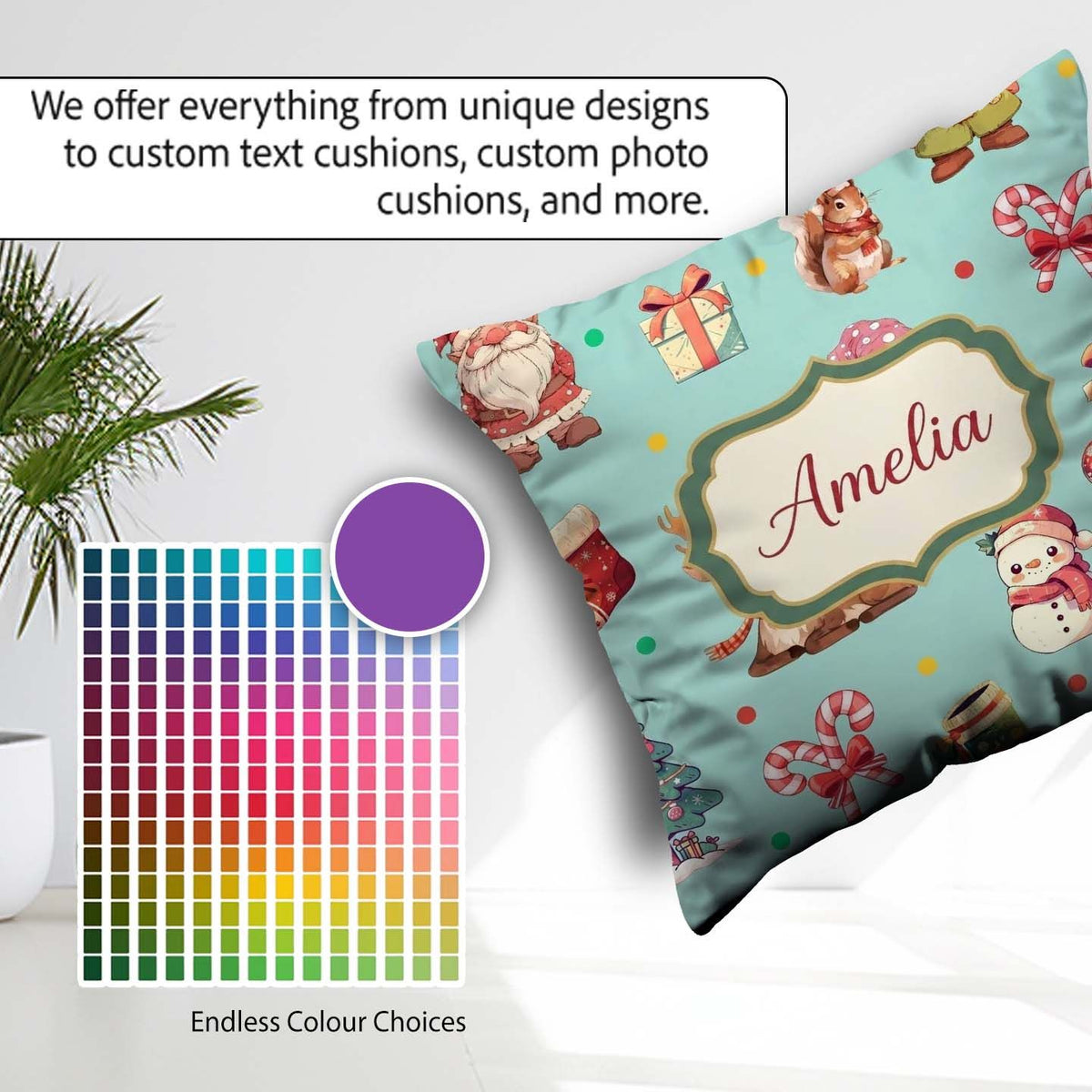 Custom Name Cute Gnome Reindeer Snowman Teal Background Seamless Square Filled Cushion Throw Pillow Sofa Bed Home Decor Zip Washable UK Made