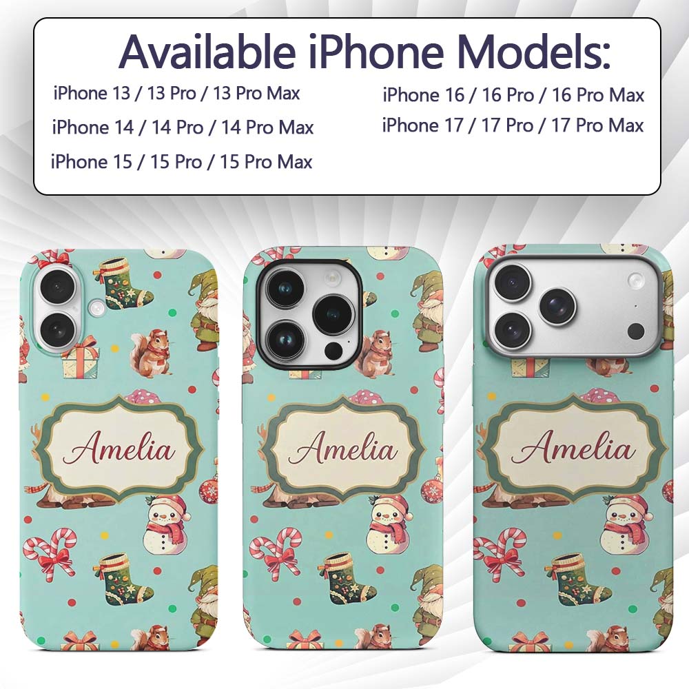 Cute Christmas Gnome Reindeer Snowman Gift Teal Custom Name Protective Phone Case Mobile Cover Durable Everyday Smartphone Shock Resistant