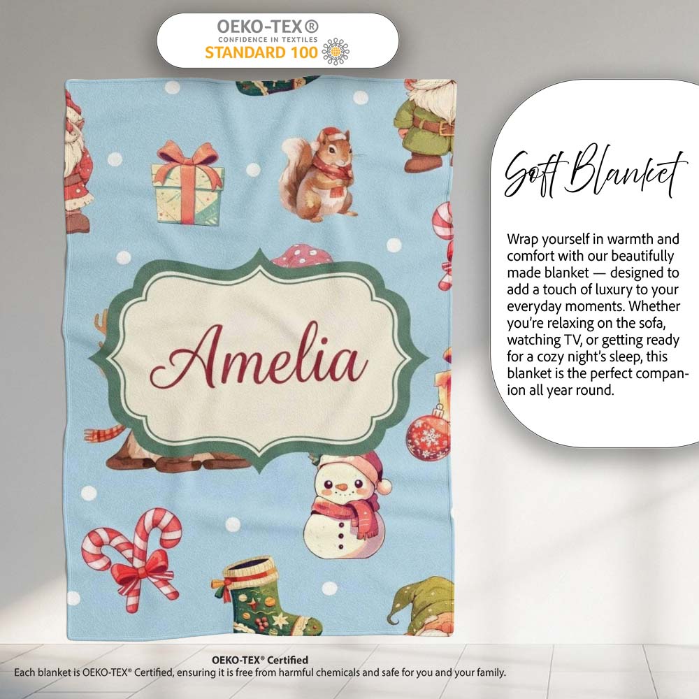 Cute Christmas Gnome Reindeer Snowman Gift Aqua Background Seamless Personalised Custom Name Super Soft Fleece Blanket Bed Sofa Throw