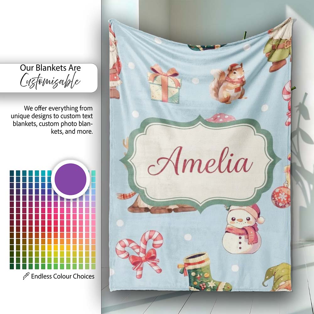 Cute Christmas Gnome Reindeer Snowman Gift Aqua Background Seamless Personalised Custom Name Super Soft Fleece Blanket Bed Sofa Throw