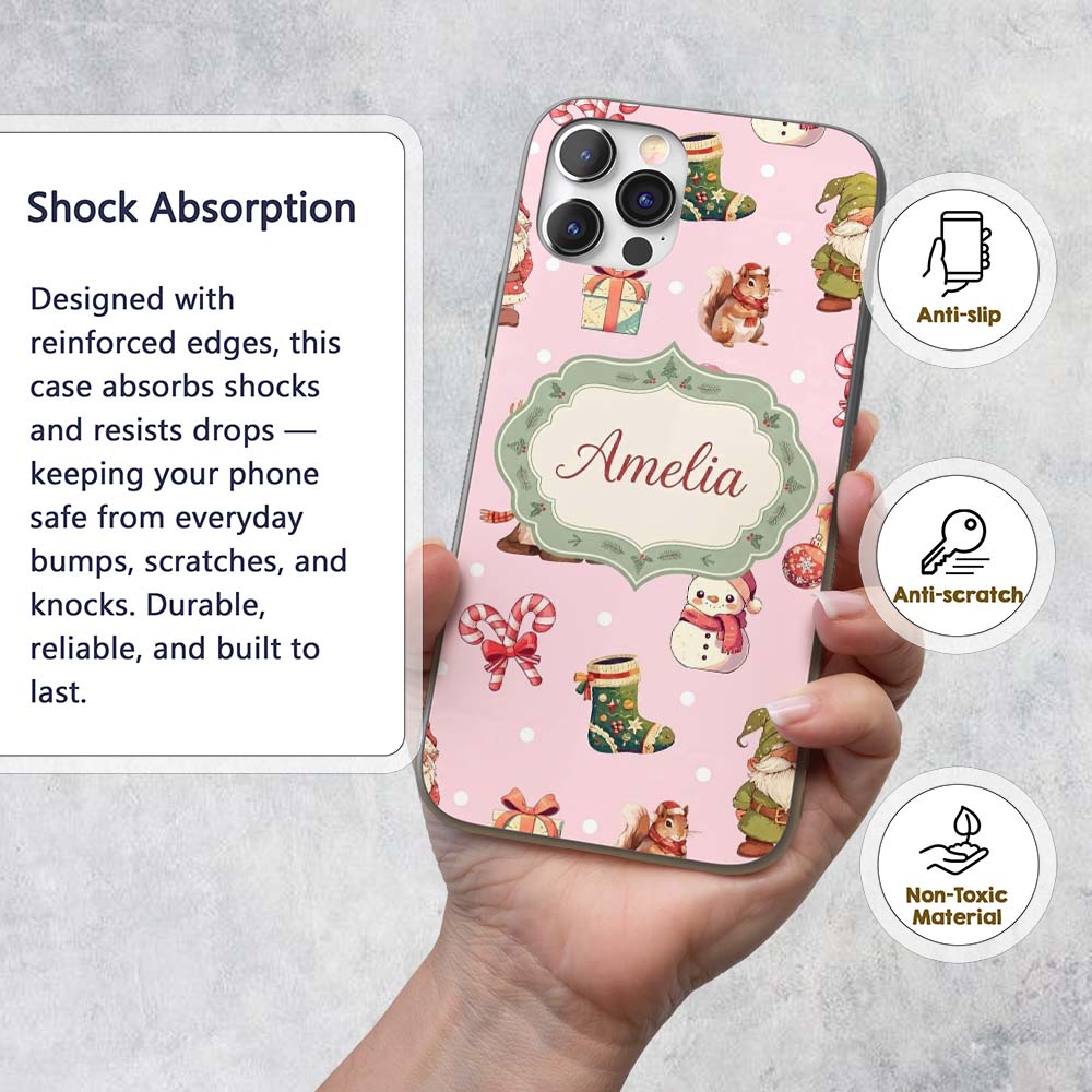 Cute Christmas Gnome Reindeer Snowman Gift Pink Custom Name Protective Phone Case Mobile Cover Durable Everyday Smartphone Shock Resistant