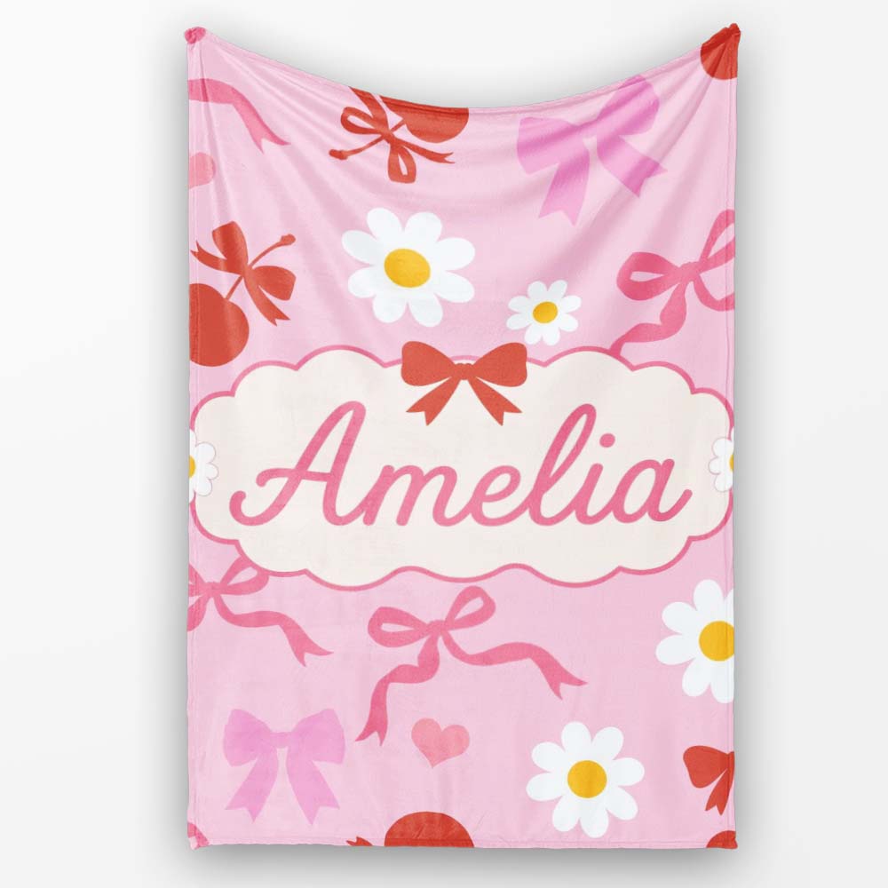 Cute Cherry Bow Daisy Heart with White Daisies on Grey Background Personalised Custom Name Super Soft Fleece Blanket Bed Sofa Throw