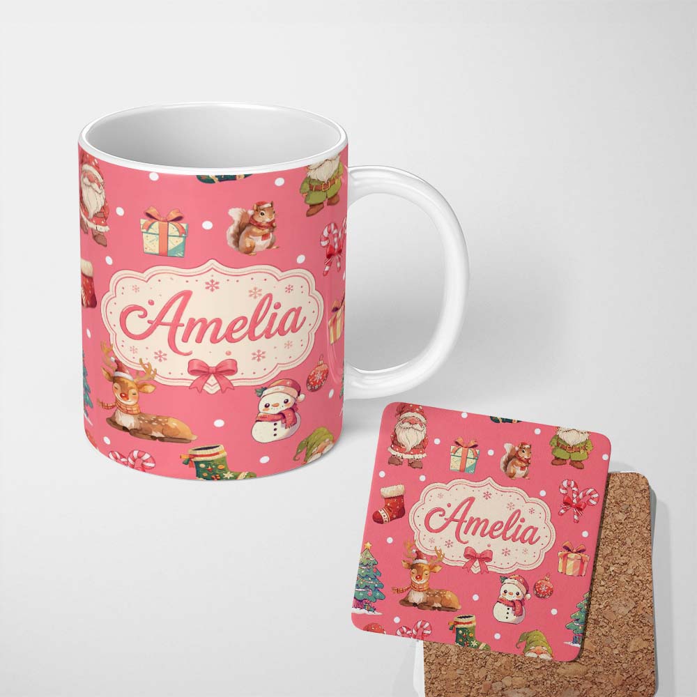 Personalized Custom Name Cute Christmas Gnome Reindeer Snowman Gift Coral Background 11oz Ceramic Coffee Tea Mug White Large Handle