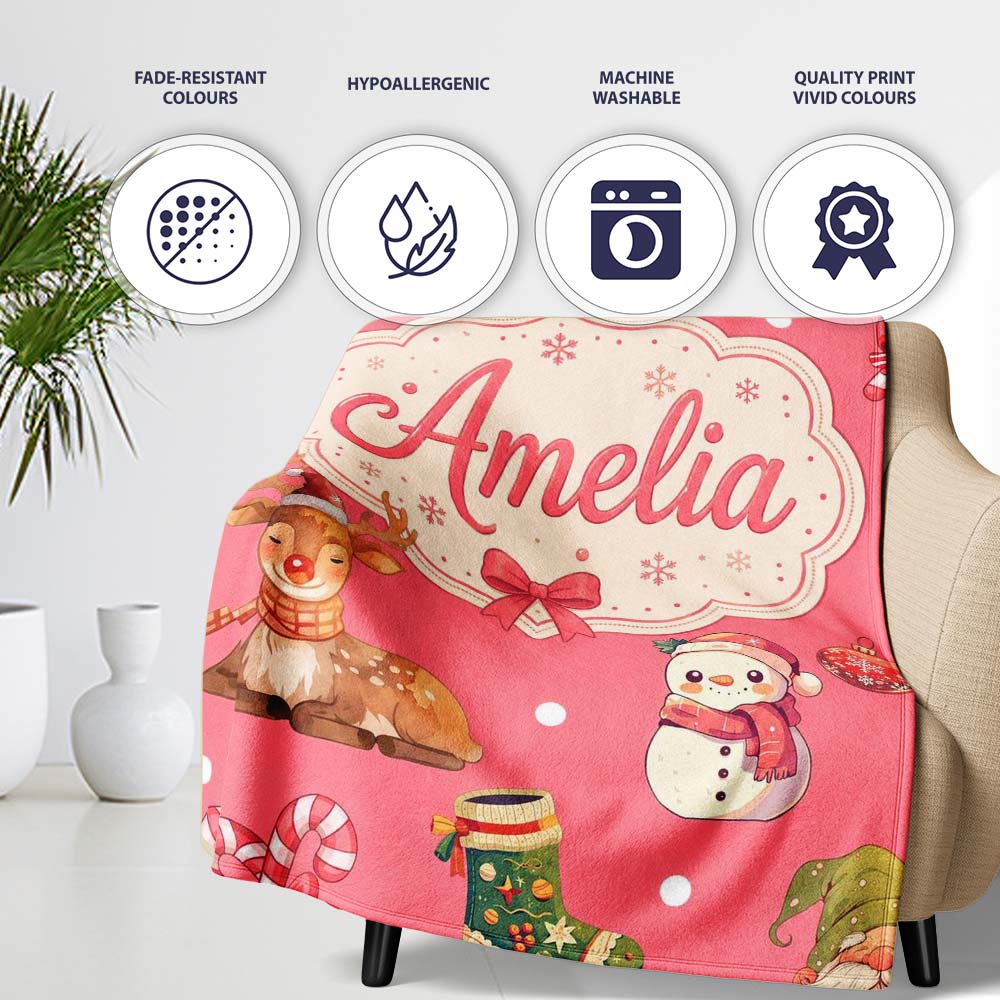 Cute Christmas Gnome Reindeer Snowman Gift Coral Background Personalised Custom Name Super Soft Fleece Blanket Bed Sofa Throw