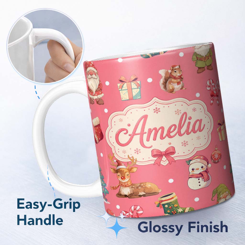 Personalized Custom Name Cute Christmas Gnome Reindeer Snowman Gift Coral Background 11oz Ceramic Coffee Tea Mug White Large Handle