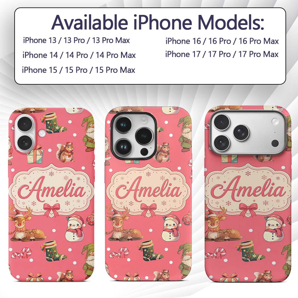 Cute Christmas Gnome Reindeer Snowman Gift Coral Custom Name Protective Phone Case Mobile Cover Durable Everyday Smartphone Shock Resistant