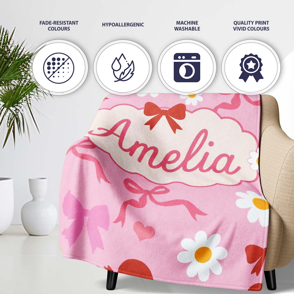 Cute Cherry Bow Daisy Heart with White Daisies on Grey Background Personalised Custom Name Super Soft Fleece Blanket Bed Sofa Throw