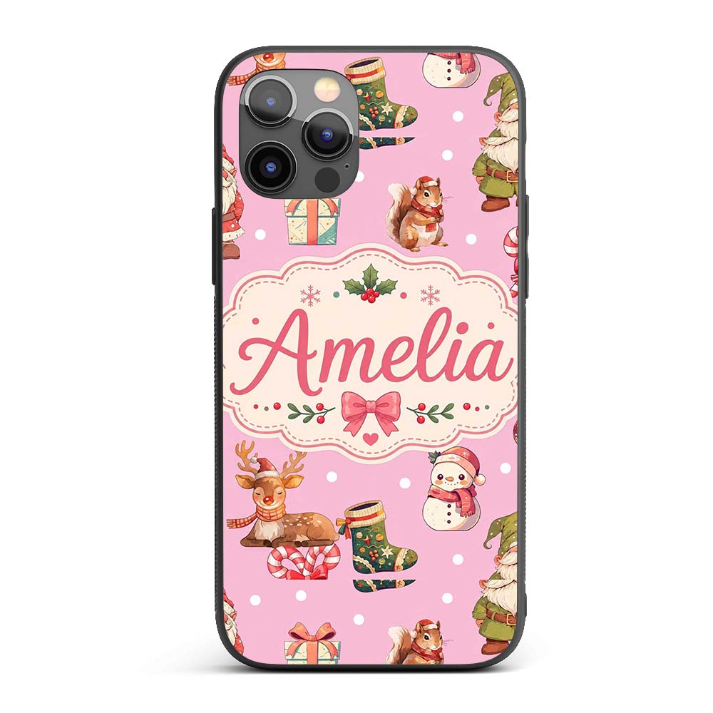 Cute Christmas Deer Squirrel Leaves Gift Pattern Custom Name Protective Phone Case Mobile Cover Durable Everyday Smartphone Shock Resistant