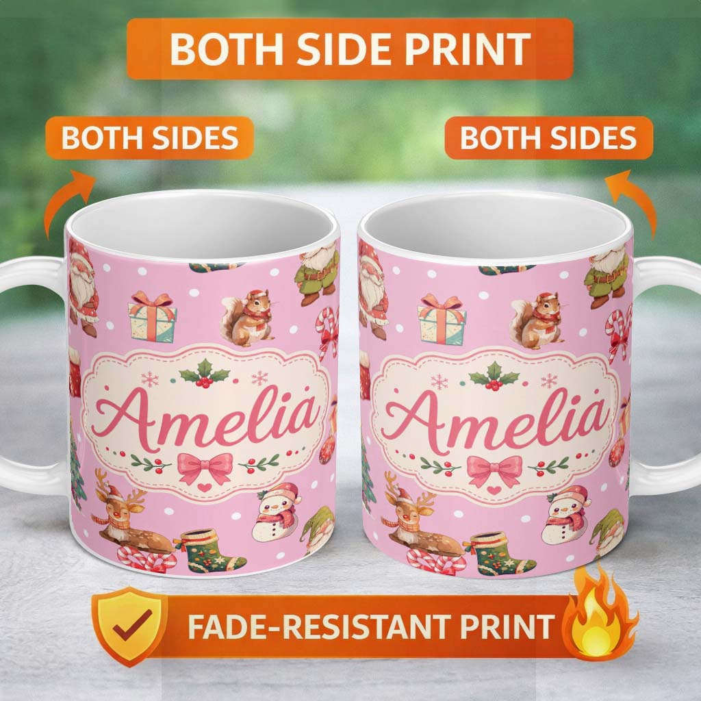 Personalized Custom Name Cute Christmas Deer Squirrel Leaves Gift Pattern Pink Background 11oz Ceramic Coffee Tea Mug White Large Handle