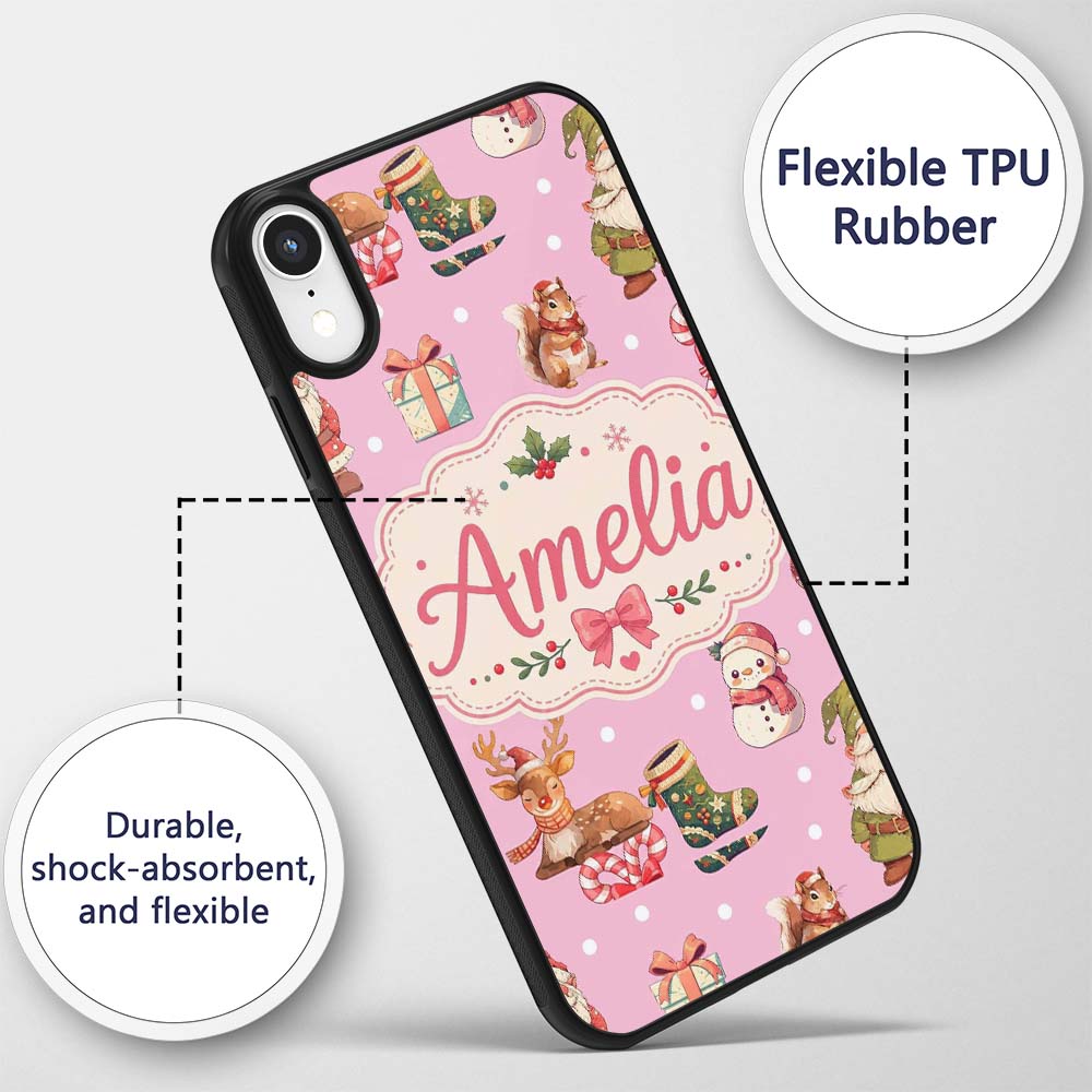 Cute Christmas Deer Squirrel Leaves Gift Pattern Custom Name Protective Phone Case Mobile Cover Durable Everyday Smartphone Shock Resistant