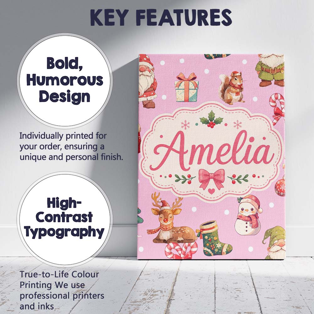 Personalised Name Cute Christmas Deer Custom Modern Room Accent Creative Decorator Style Canvas Wall Art Print Decor Picture Ready to Hang