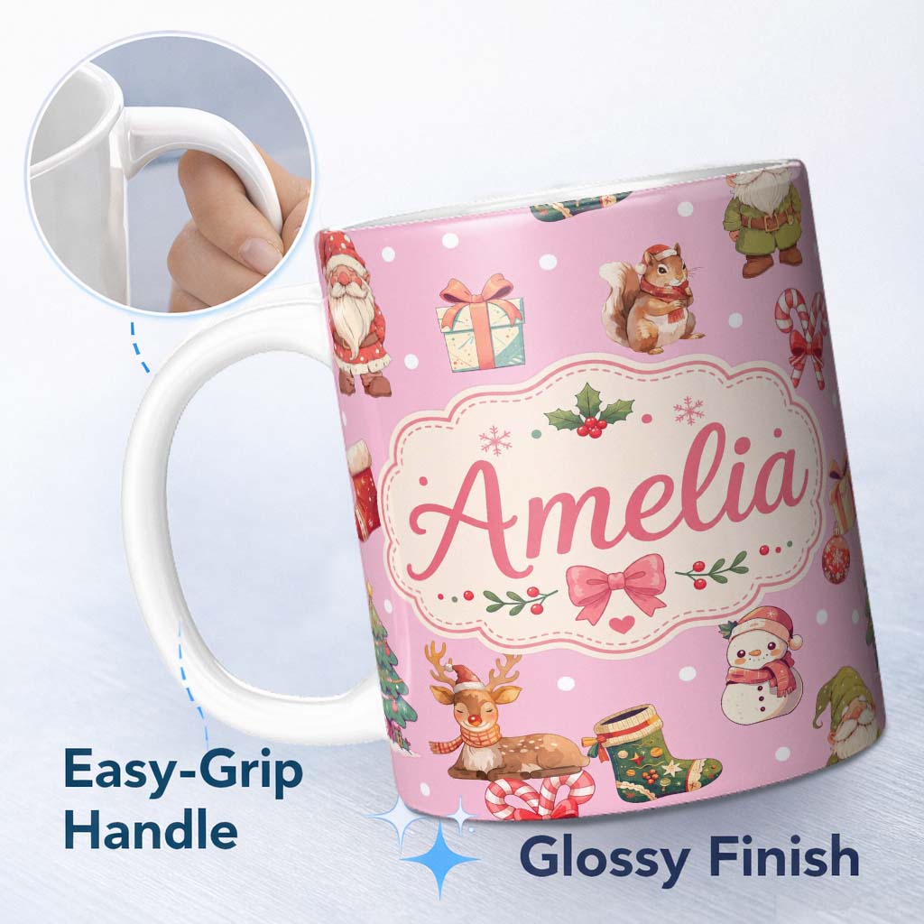 Personalized Custom Name Cute Christmas Deer Squirrel Leaves Gift Pattern Pink Background 11oz Ceramic Coffee Tea Mug White Large Handle
