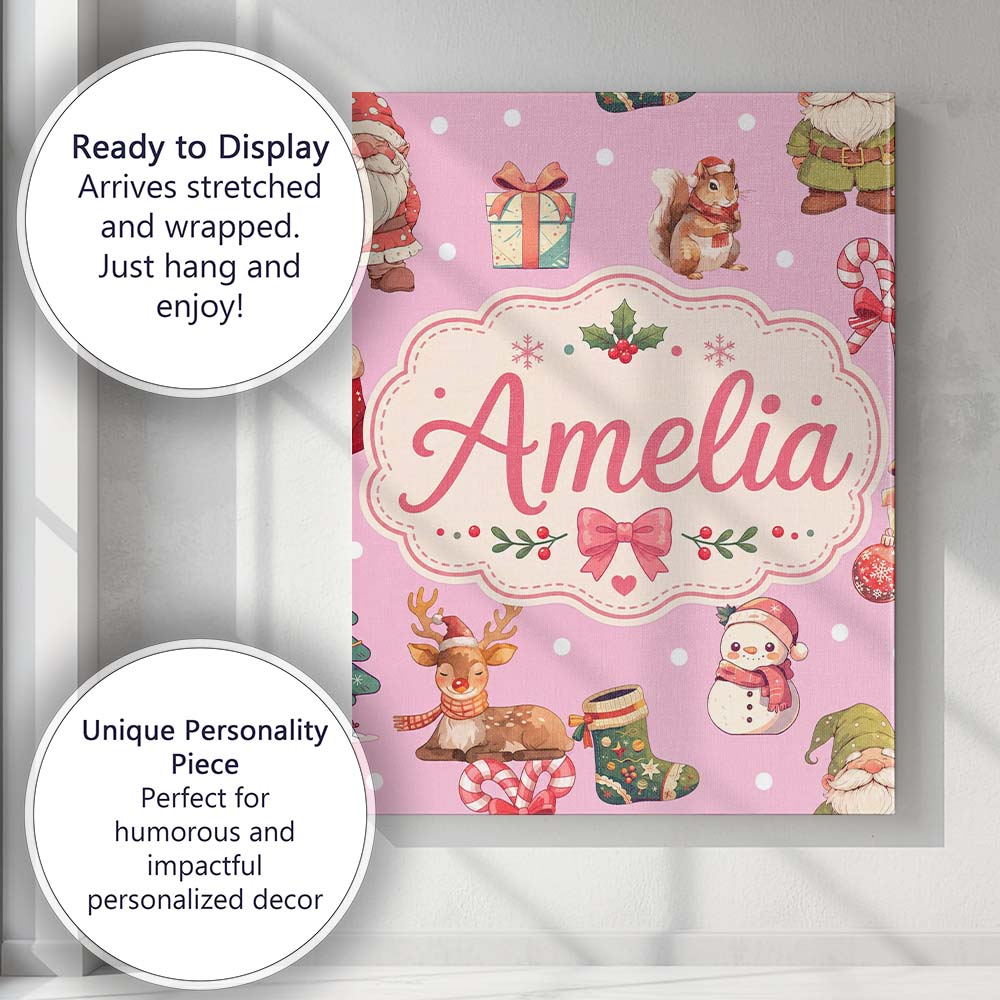 Personalised Name Cute Christmas Deer Custom Modern Room Accent Creative Decorator Style Canvas Wall Art Print Decor Picture Ready to Hang