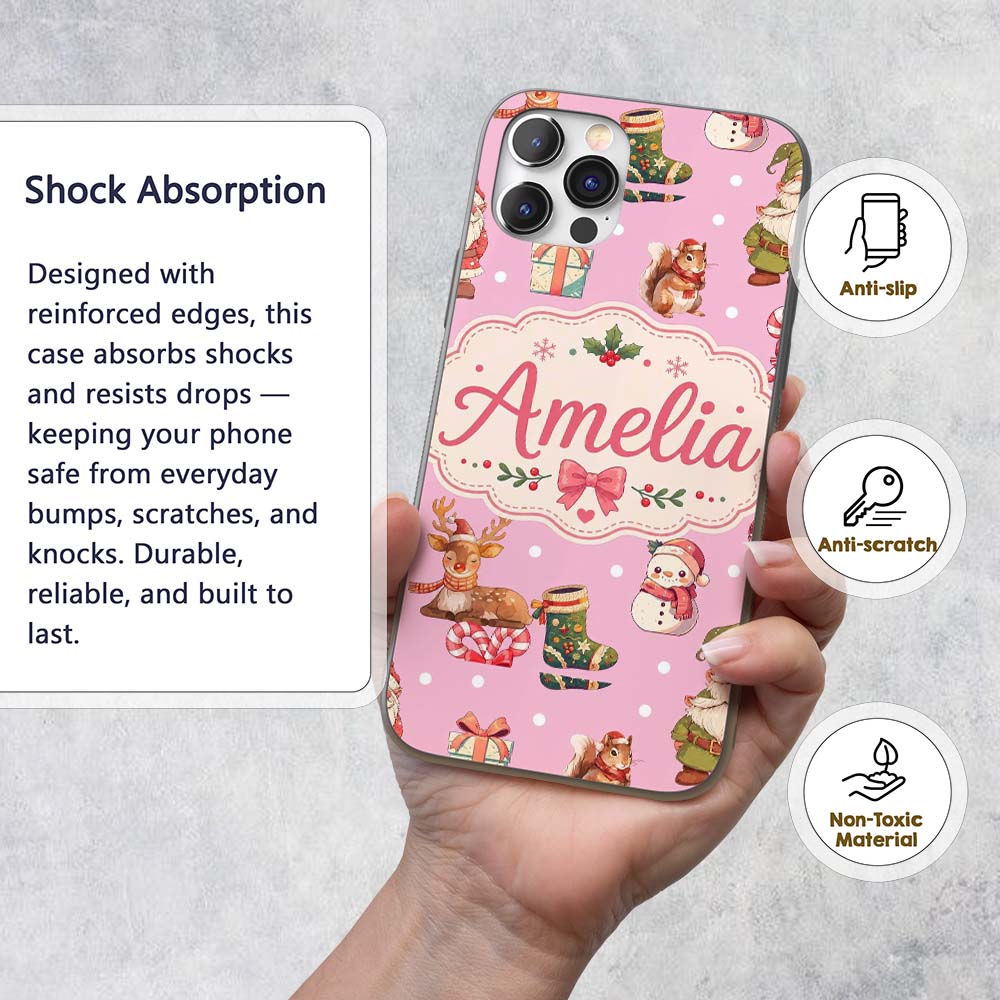 Cute Christmas Deer Squirrel Leaves Gift Pattern Custom Name Protective Phone Case Mobile Cover Durable Everyday Smartphone Shock Resistant