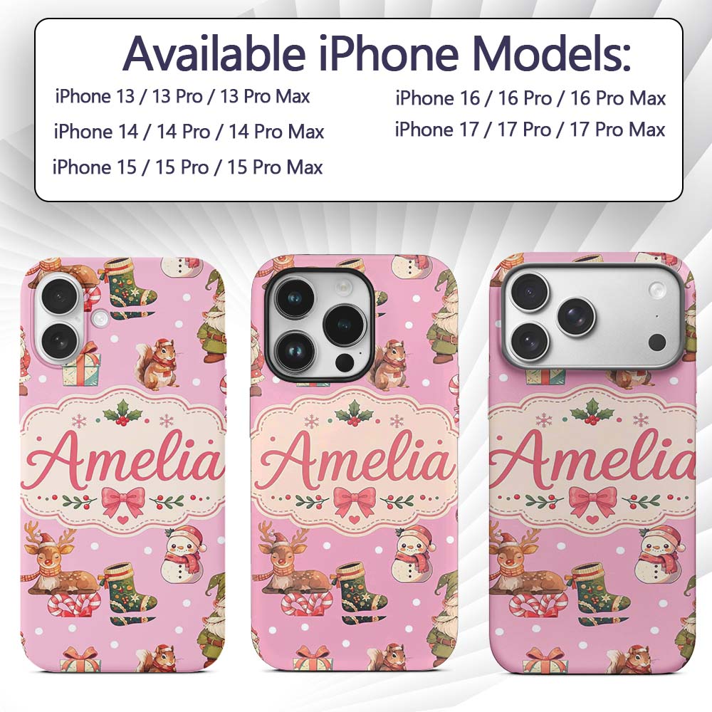 Cute Christmas Deer Squirrel Leaves Gift Pattern Custom Name Protective Phone Case Mobile Cover Durable Everyday Smartphone Shock Resistant