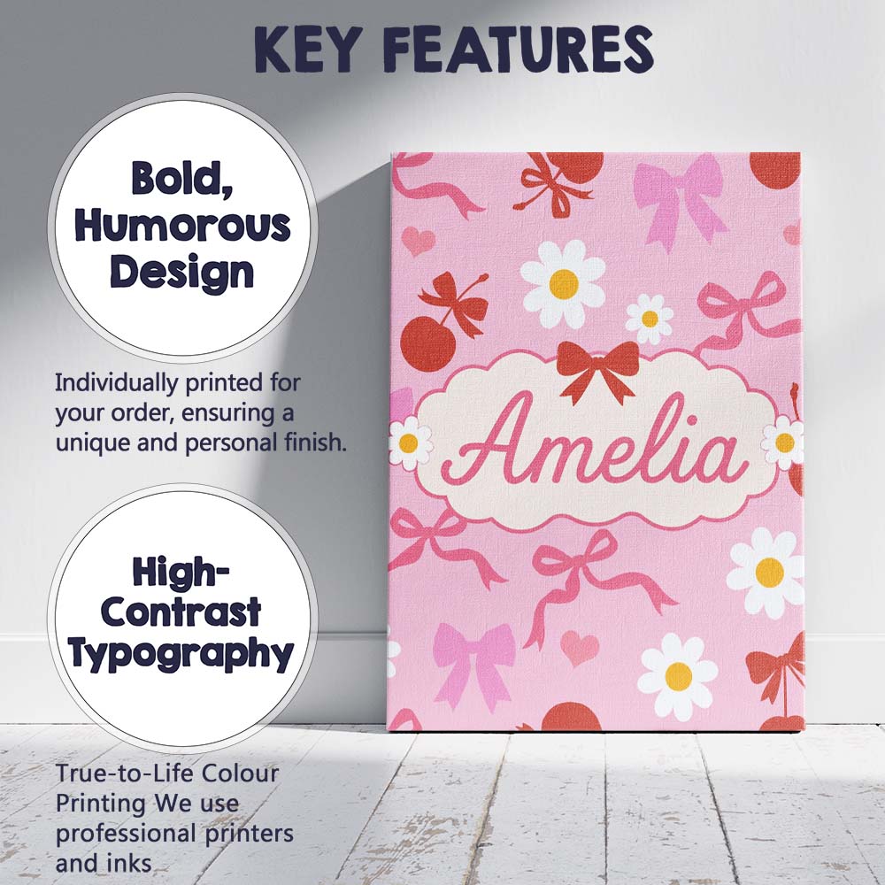 Personalised Name Cute Cherry Bow Daisy Heart with White Daisies on Custom Canvas Wall Art Print Decor Picture Ready to Hang