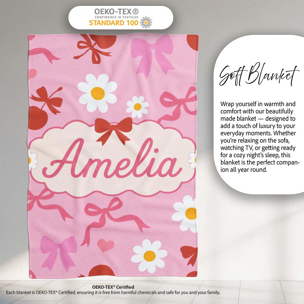 Cute Cherry Bow Daisy Heart with White Daisies on Grey Background Personalised Custom Name Super Soft Fleece Blanket Bed Sofa Throw