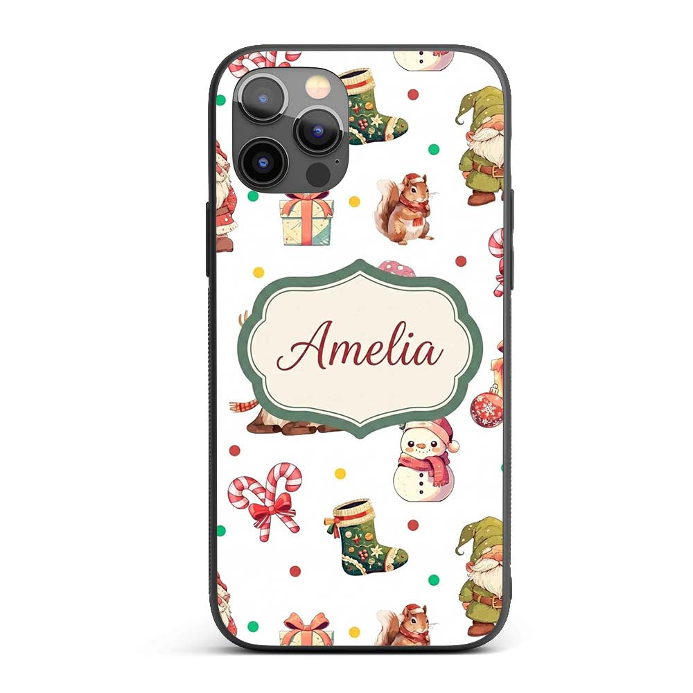 Cute Christmas Deer Squirrel Leaves Gift Pattern Custom Name Protective Phone Case Mobile Cover Durable Everyday Smartphone Shock Resistant