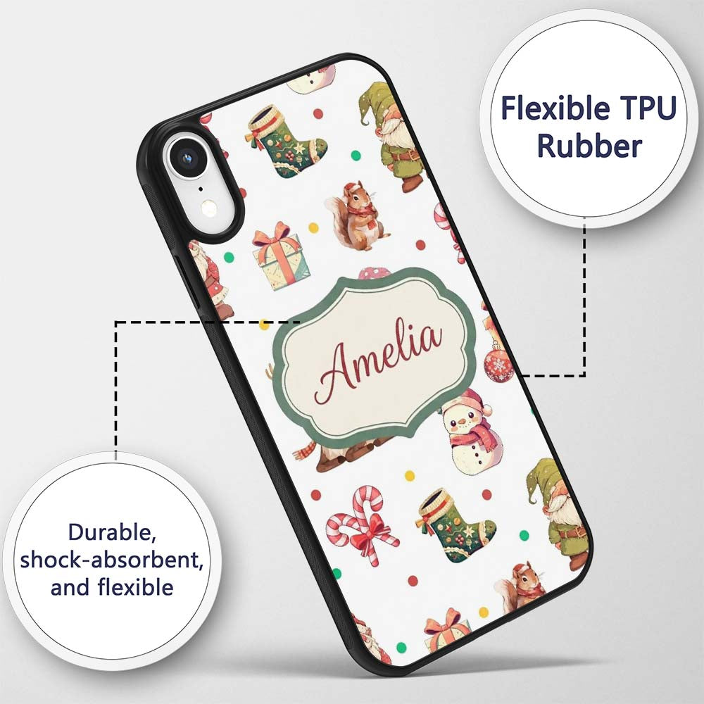 Cute Christmas Deer Squirrel Leaves Gift Pattern Custom Name Protective Phone Case Mobile Cover Durable Everyday Smartphone Shock Resistant