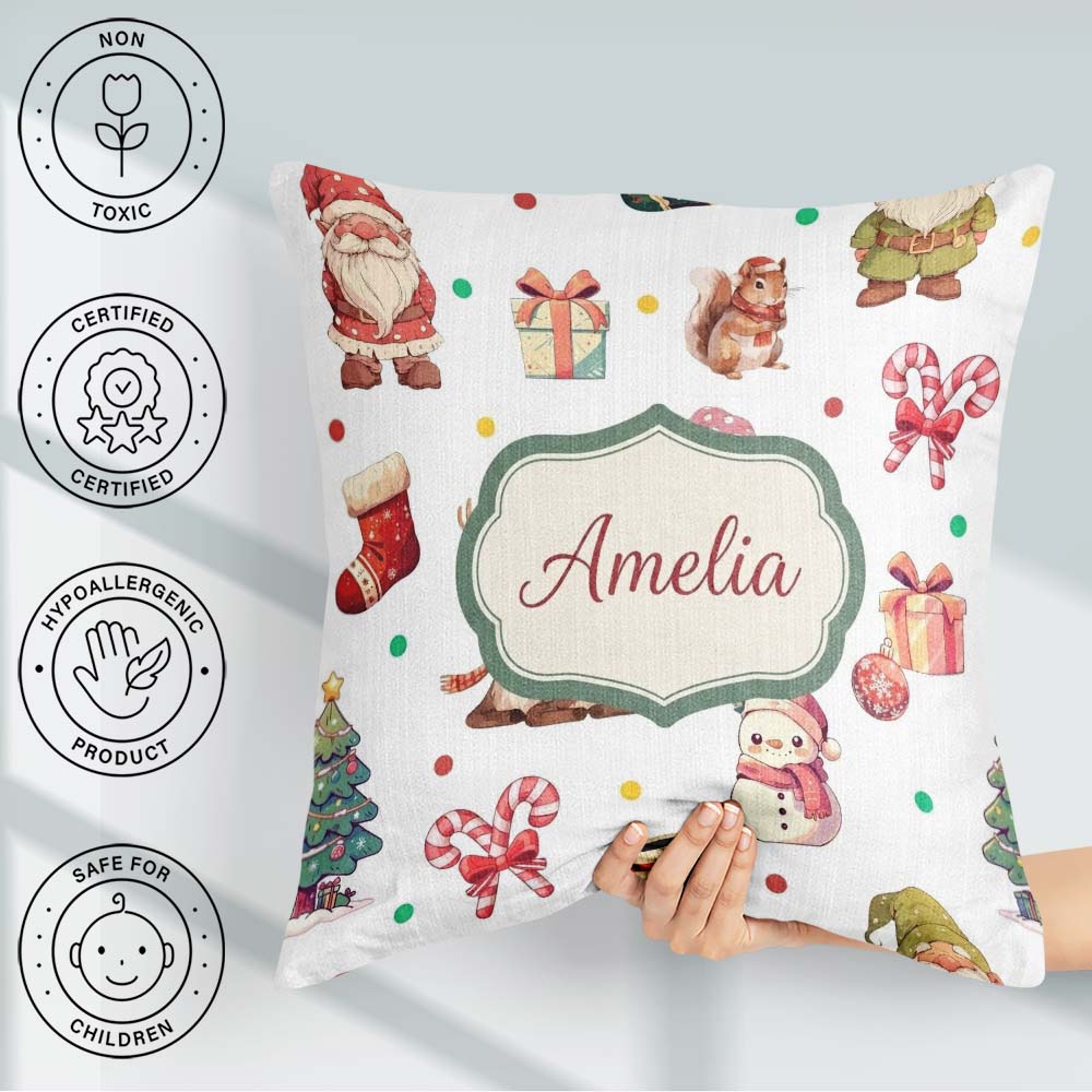 Custom Name Cute Christmas Deer Squirrel Pattern Grey Background Square Filled Cushion Throw Pillow Sofa Bed Home Decor Zip Washable UK Made