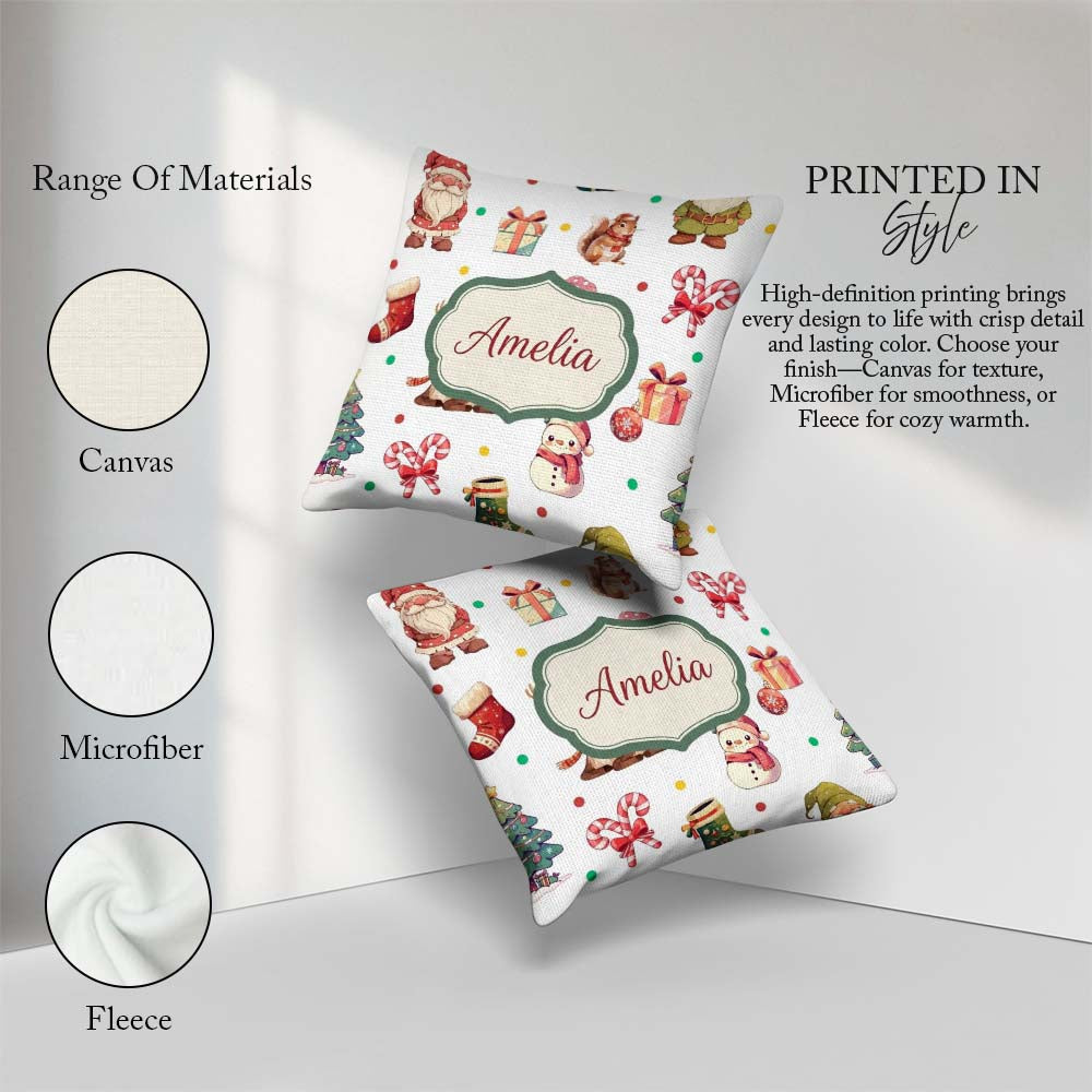 Custom Name Cute Christmas Deer Squirrel Pattern Grey Background Square Filled Cushion Throw Pillow Sofa Bed Home Decor Zip Washable UK Made