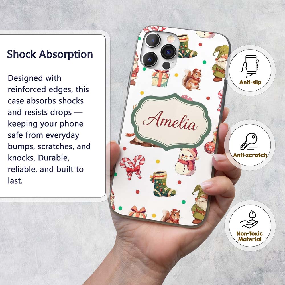 Cute Christmas Deer Squirrel Leaves Gift Pattern Custom Name Protective Phone Case Mobile Cover Durable Everyday Smartphone Shock Resistant