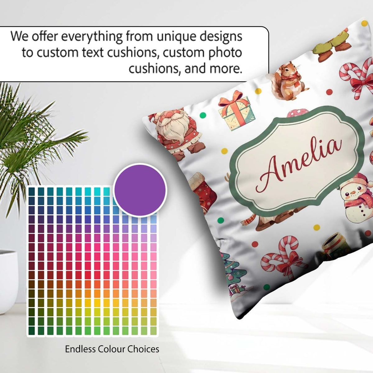Custom Name Cute Christmas Deer Squirrel Pattern Grey Background Square Filled Cushion Throw Pillow Sofa Bed Home Decor Zip Washable UK Made