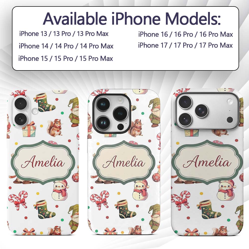Cute Christmas Deer Squirrel Leaves Gift Pattern Custom Name Protective Phone Case Mobile Cover Durable Everyday Smartphone Shock Resistant