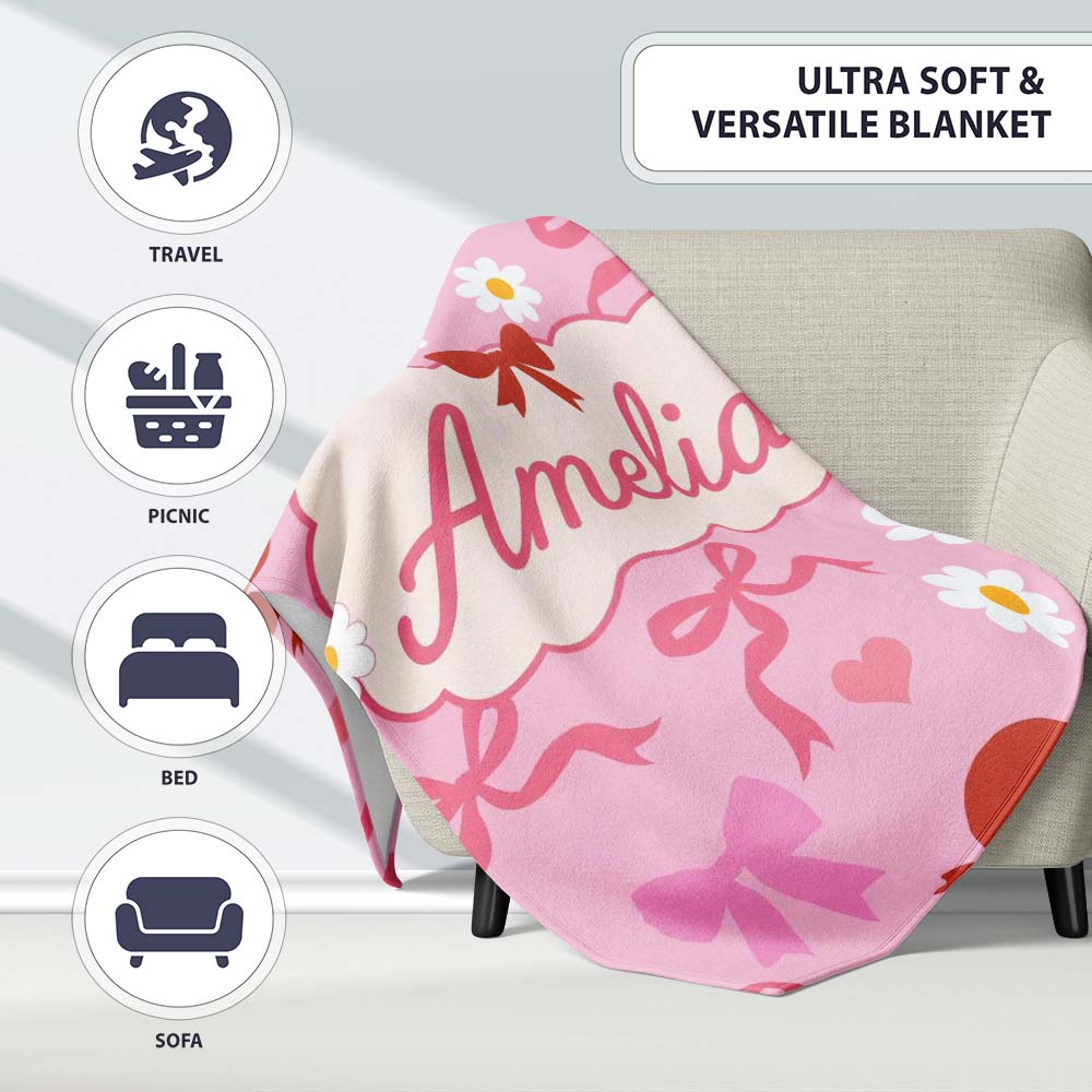 Cute Cherry Bow Daisy Heart with White Daisies on Grey Background Personalised Custom Name Super Soft Fleece Blanket Bed Sofa Throw